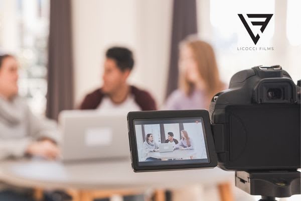 video shoot showing camera displaying group of people talking at a table